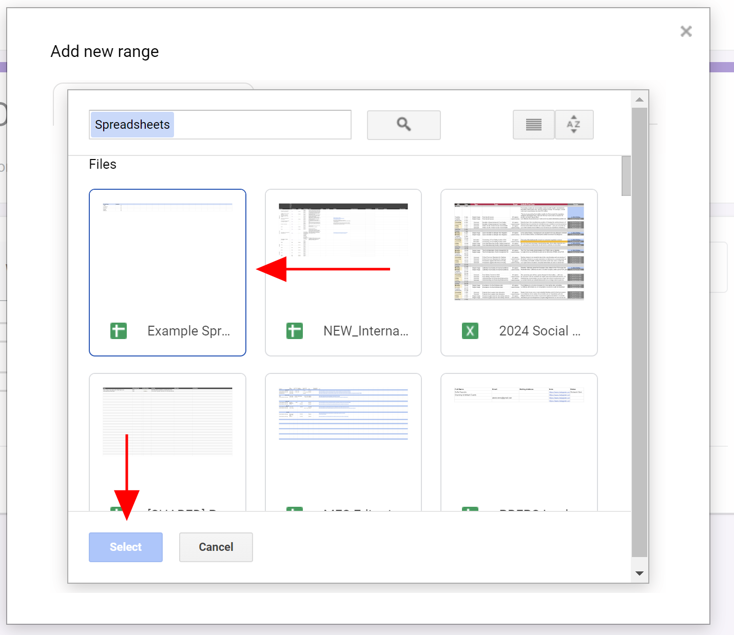 Screenshot of the Form Ranger application "add a new range" menu, with arrows pointing at a selected Google Sheet and the "select" button