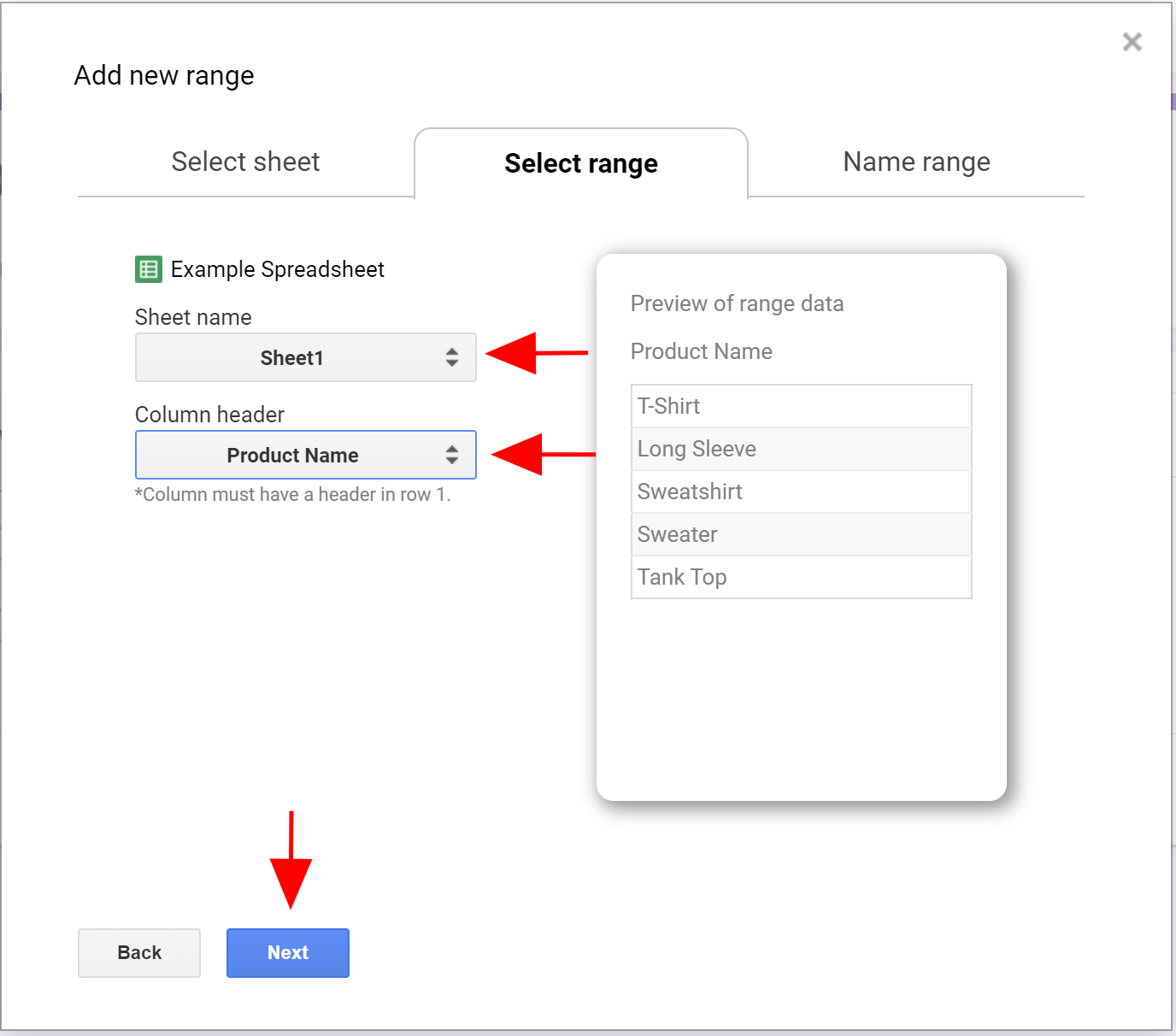 Screenshot of the Form Ranger application “add a new range” menu, with arrows pointing at the “sheet name,” “column header,” and “next” buttons