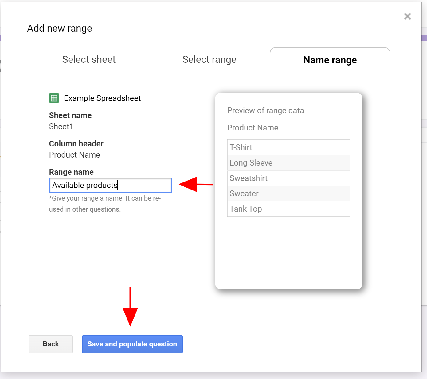 Screenshot of the Form Ranger application "add a new range" menu, with arrows pointing at the "range name" textbox with "available products" entered in it and the "save and populate question" button