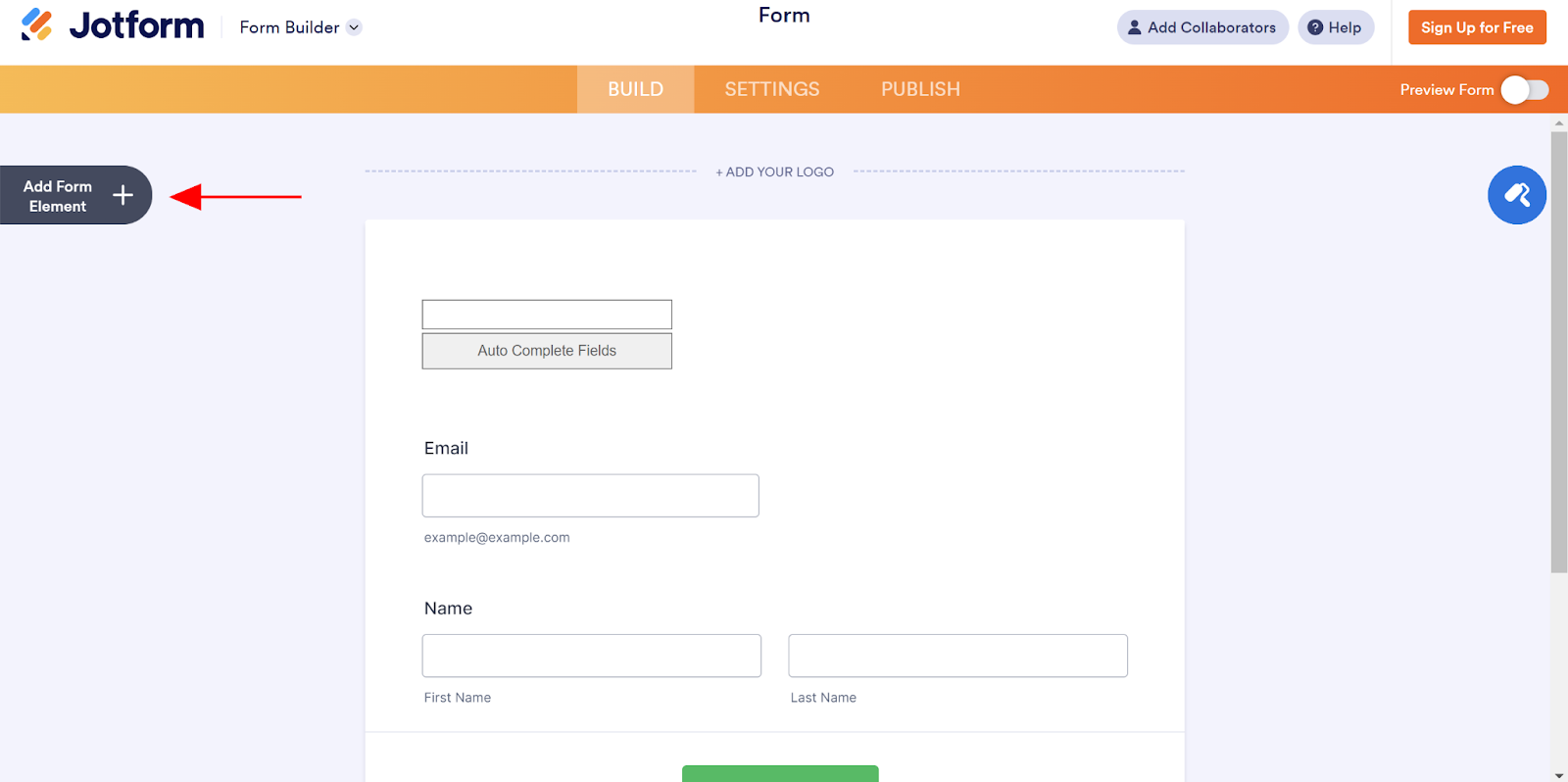 Screenshot of the Jotform Form Builder with an arrow pointing to the "Add Form Element" button on the left side of the screen