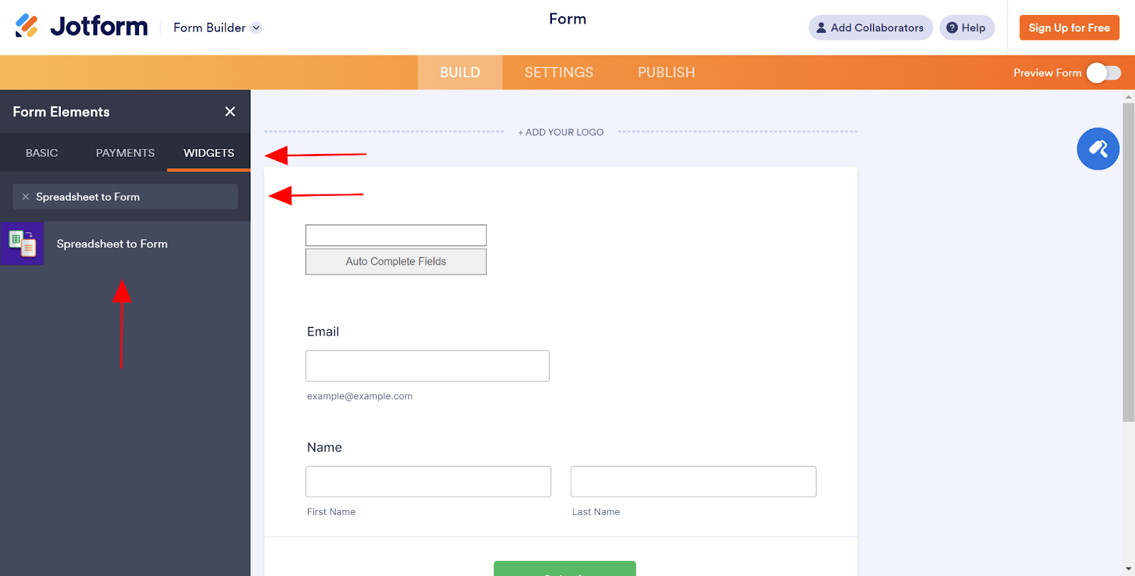 Screenshot of the Jotform Form Builder with arrows next to the "Widgets" button, search bar, and "Spreadsheet to Form" button