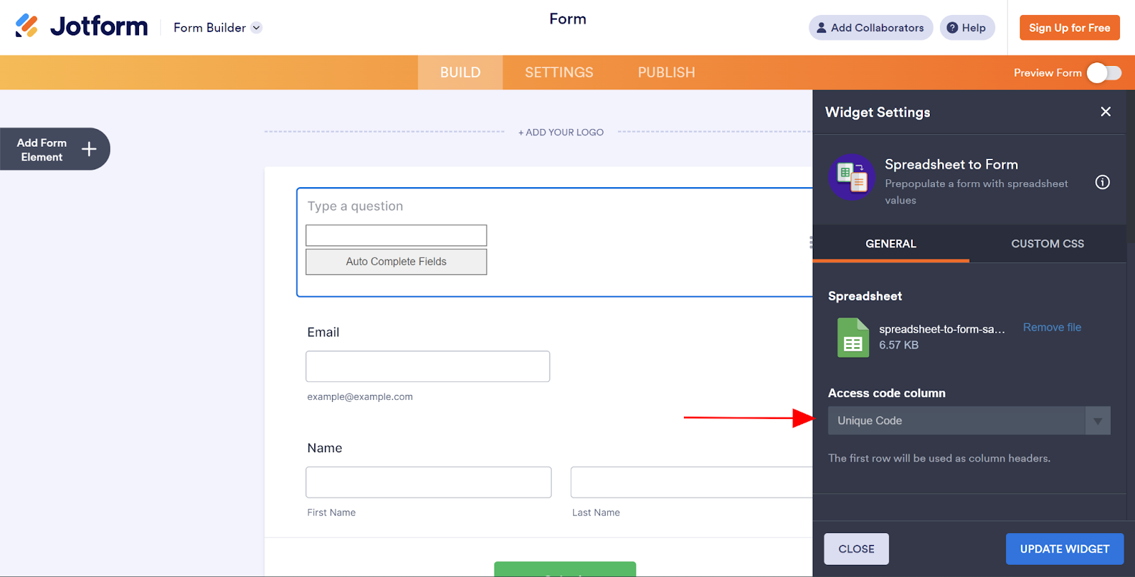 Screenshot of the Jotform Form Builder with an arrow pointing to the "Access code column" dropdown on the "Widget Settings" menu