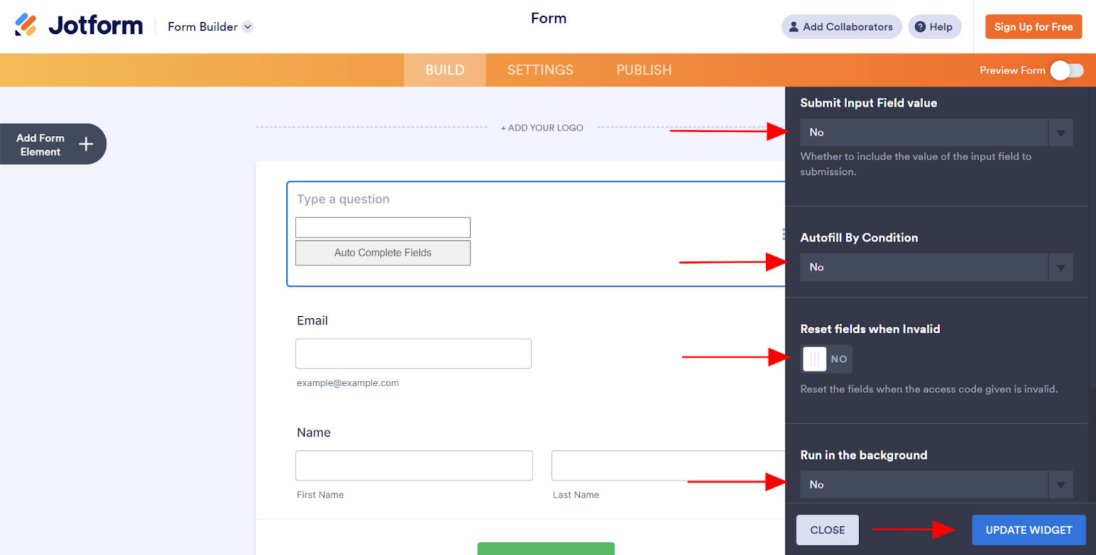 Screenshot of the Jotform Form Builder with arrows pointing to the "Submit input field value," "Autofill by condition," "Reset fields when invalid," and "Run in the background" options, as well as the "Update Widget" button
