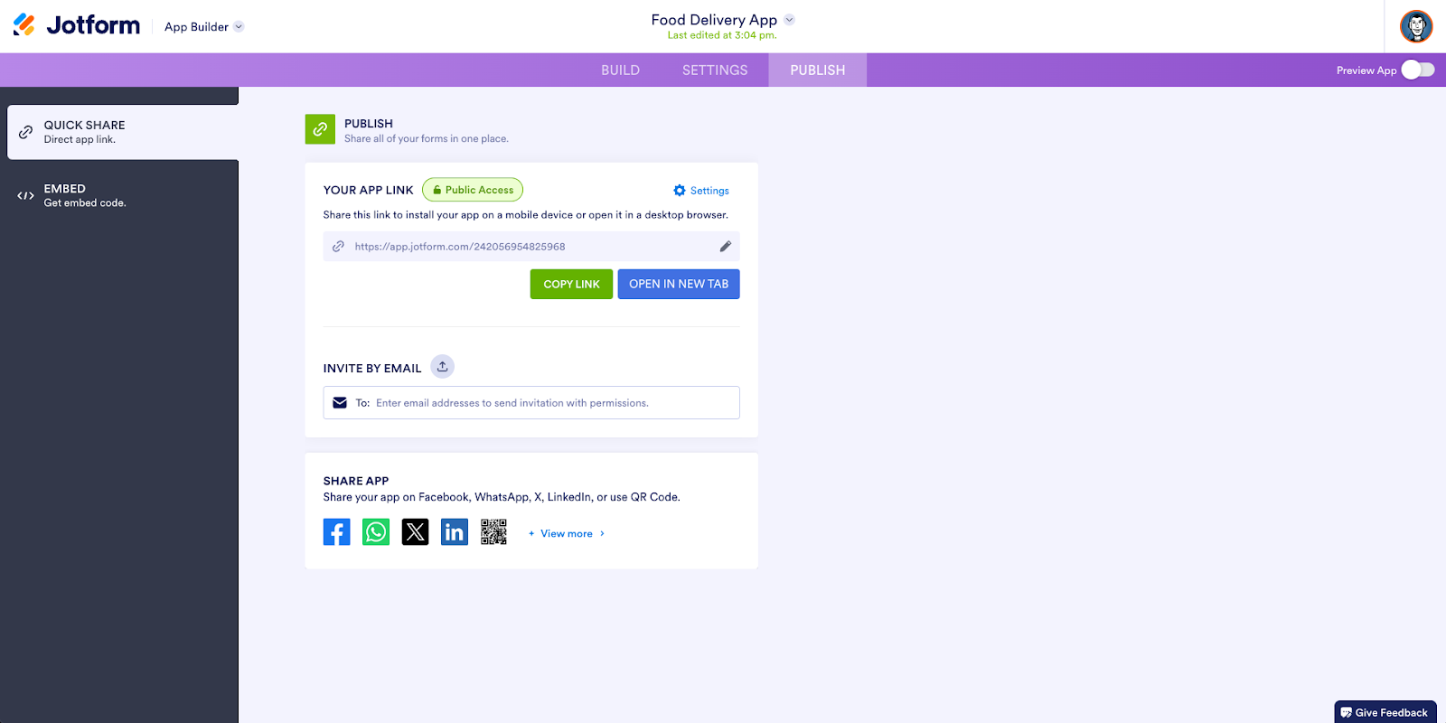 Screenshot of sharing options for Jotform Apps