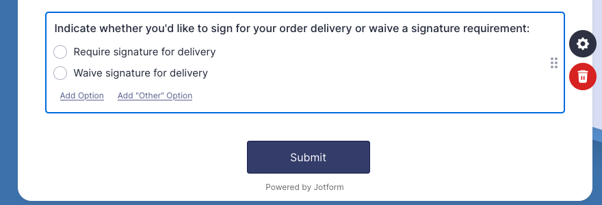 Example of a signature waiver question on a Jotform