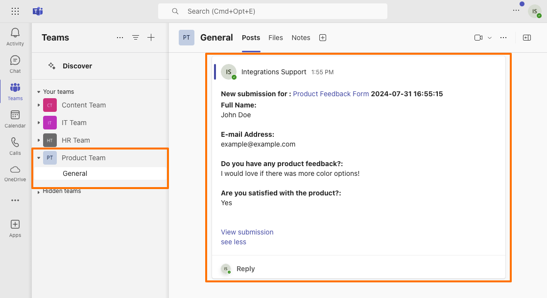 Viewing the Form Submission Data from Jotform in Microsoft Teams