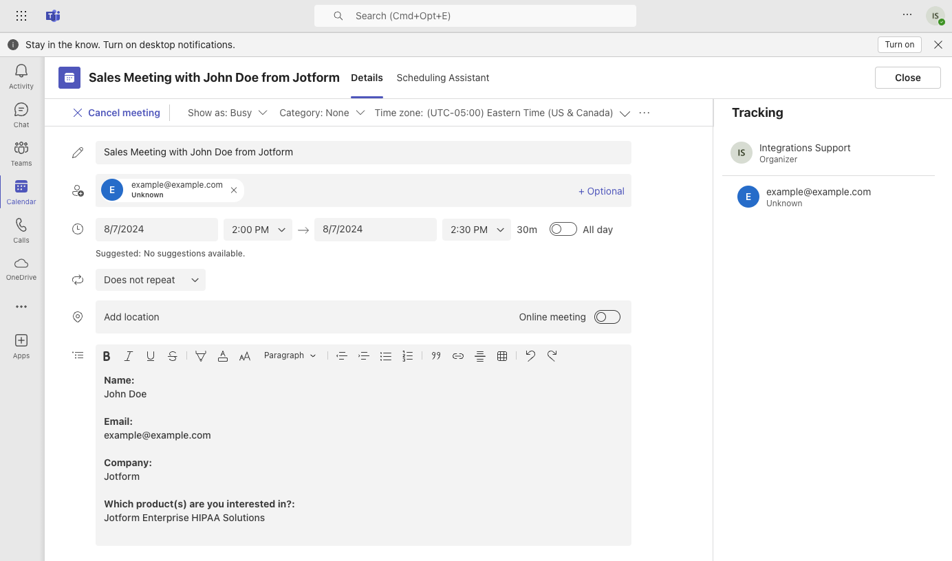 Details from the Sales Appointment Form Viewed in Microsoft Teams