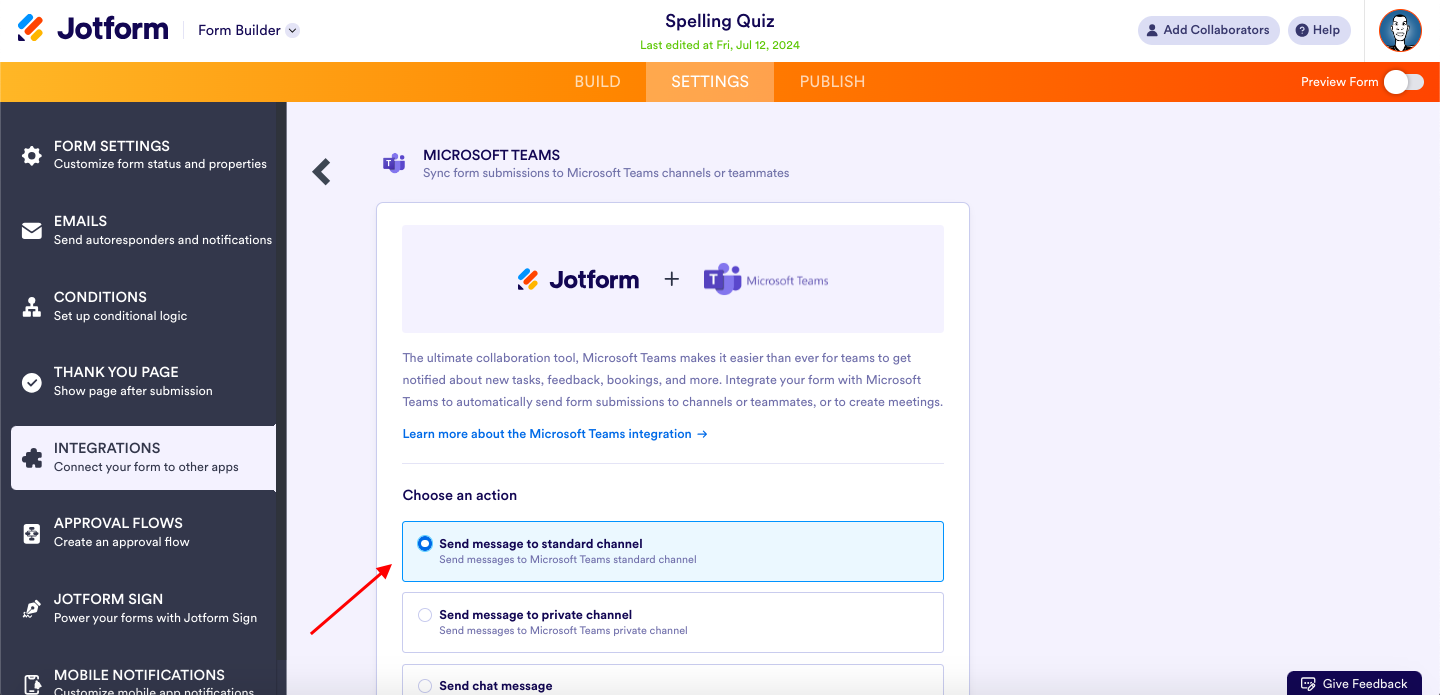 Selecting "Send message to standard channel" from the Microsoft Teams Integration Settings