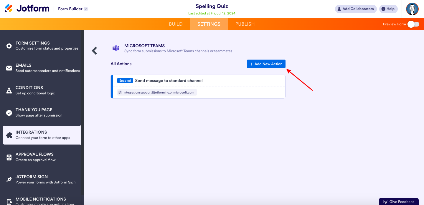 Clicking on the "Add New Action" Button in Microsoft Teams Integration Page