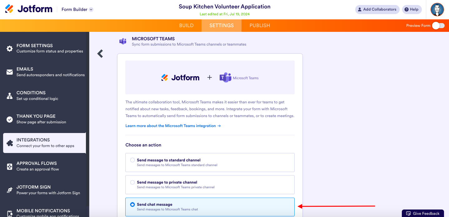 Selecting "Send chat message" Option from the Microsoft Teams Integration Page