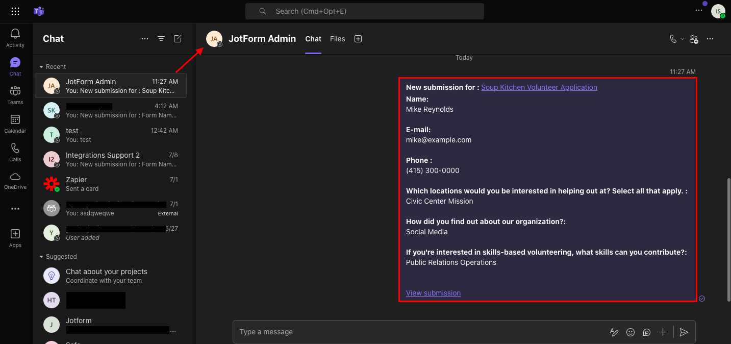 Highlighting the Updated Chat That Contains the Form Submission in Microsoft Teams