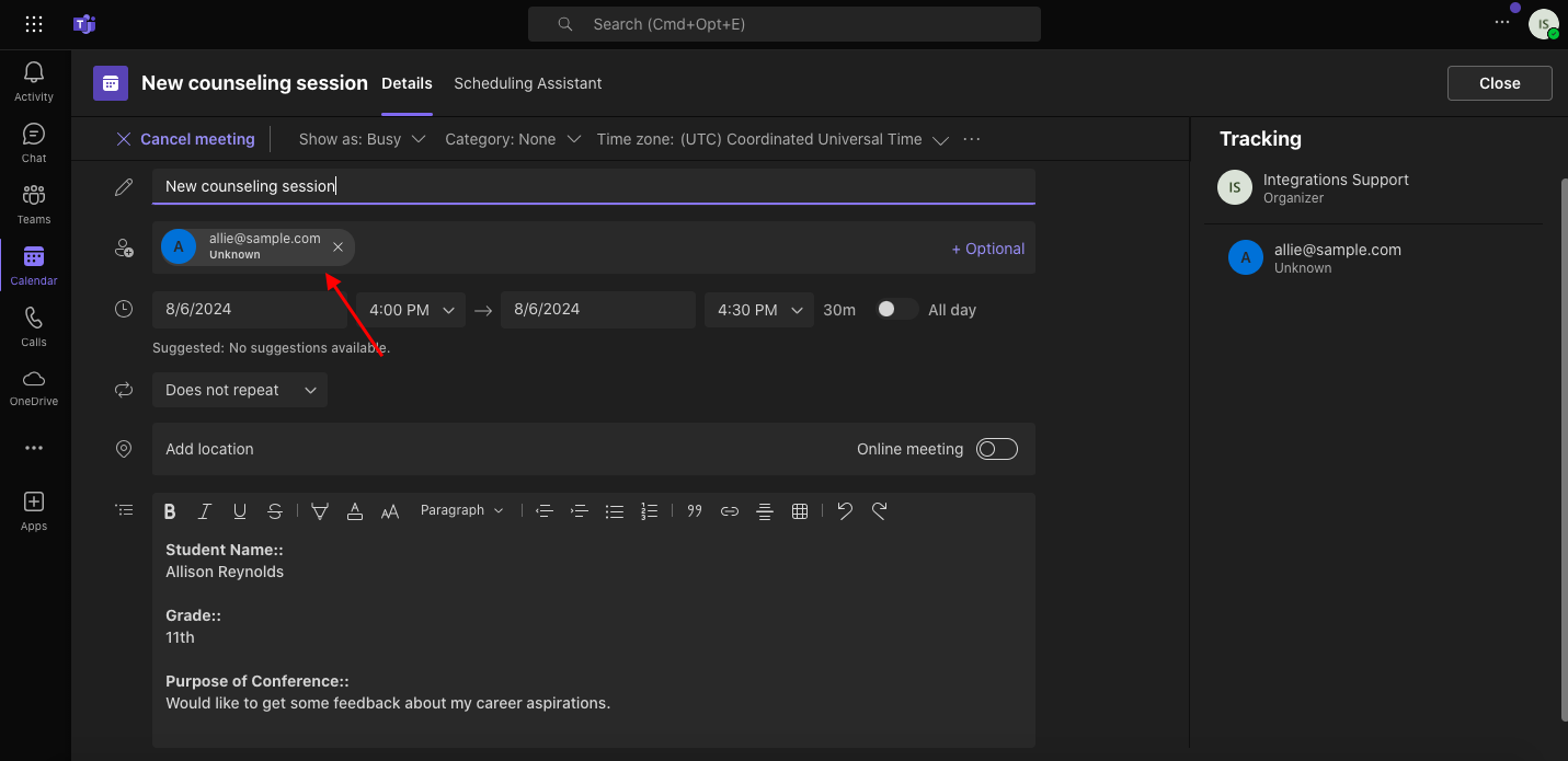 Expanding an Appointment in Microsoft Teams 
