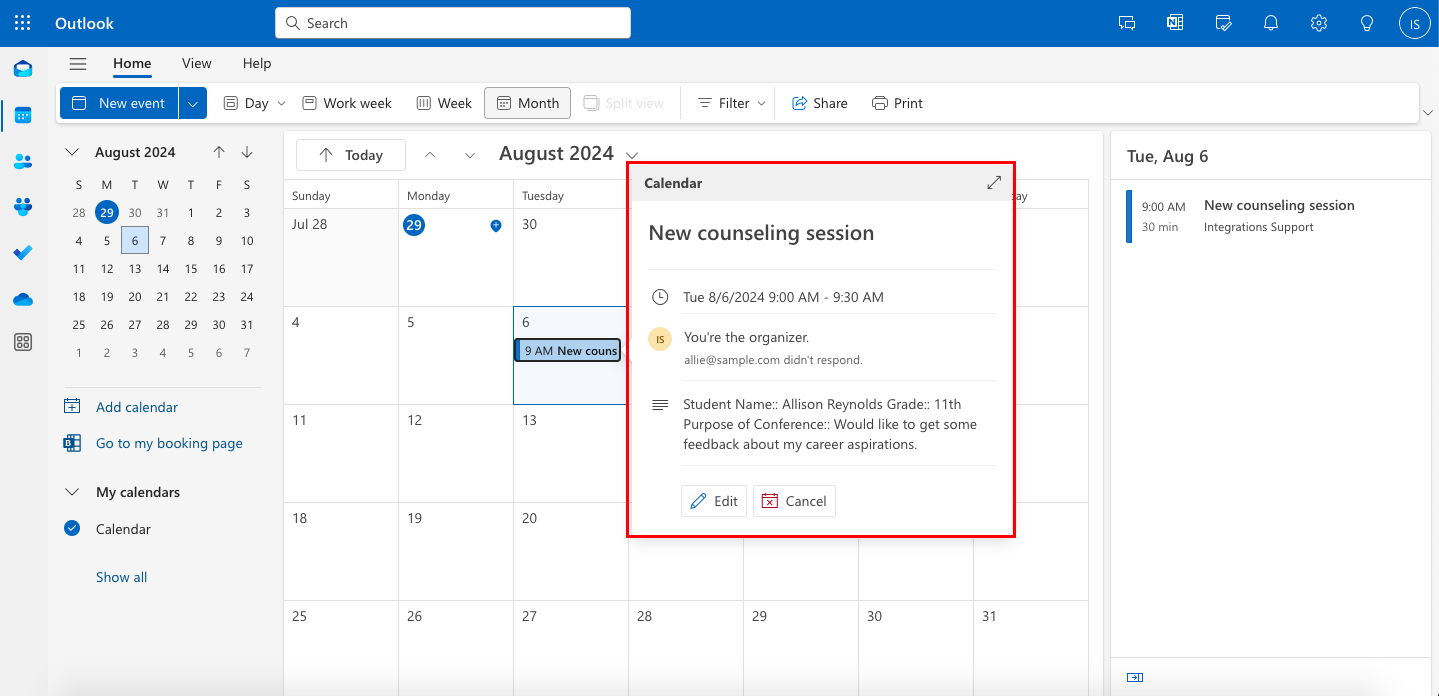 Highlighting the Previously Added Counseling Session in Outlook