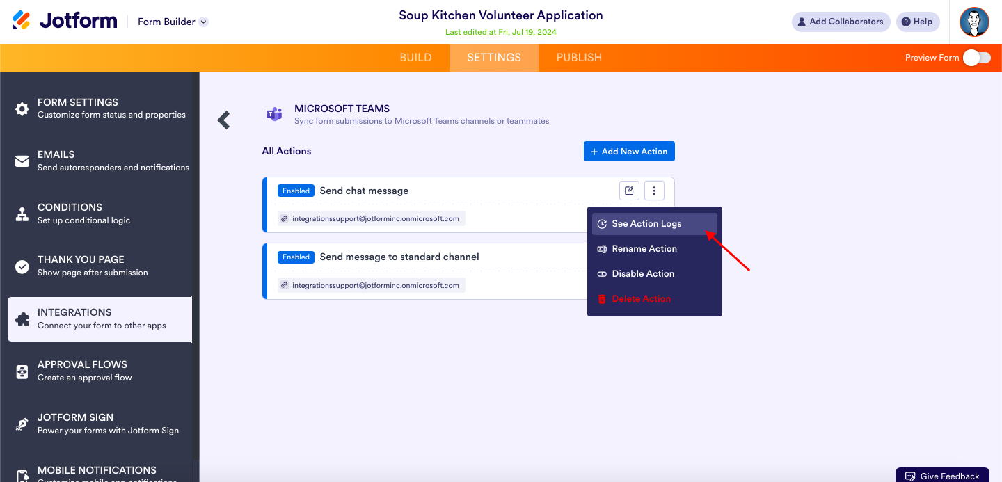 Clicking on the "See Action Logs" Option Under the All Actions of Microsoft Teams