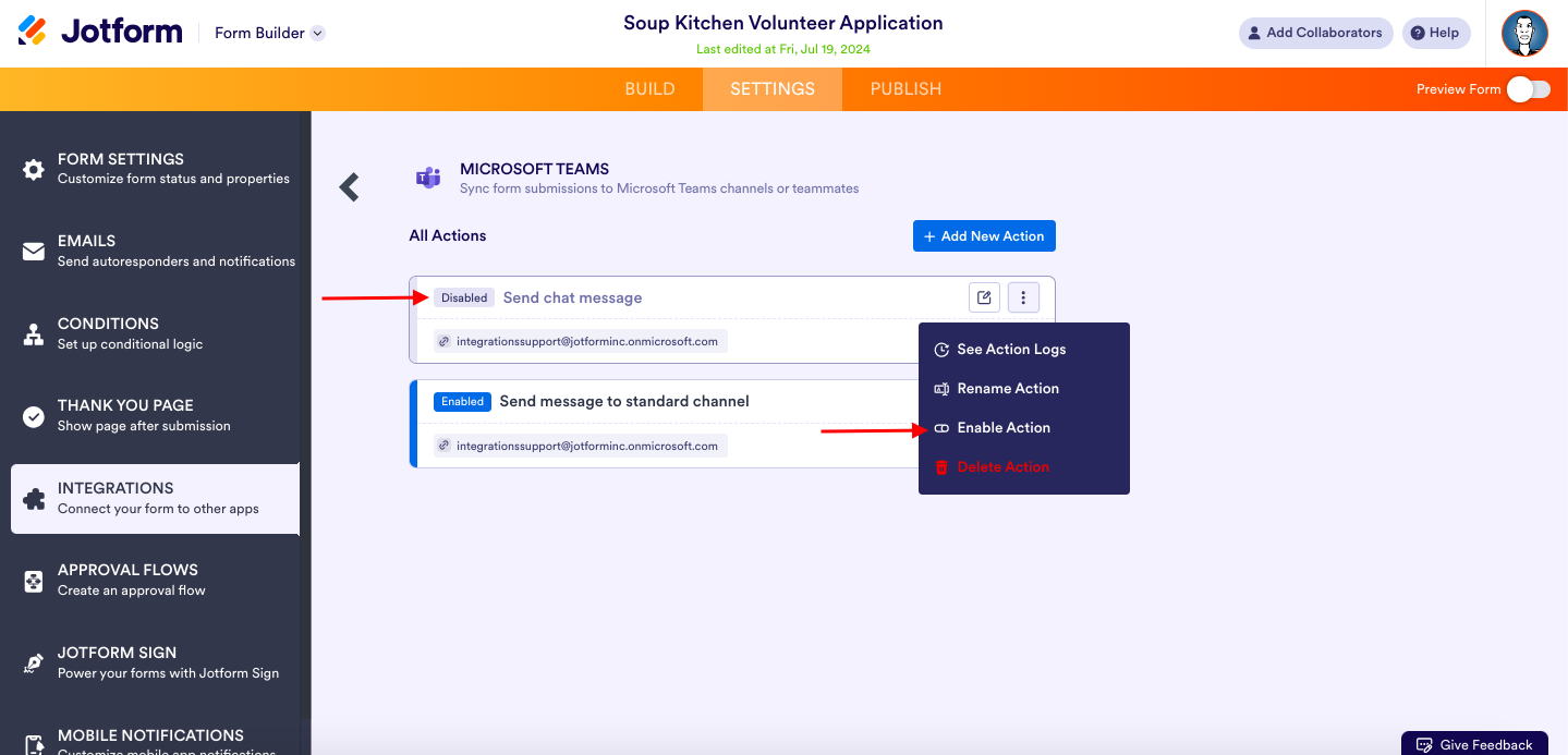Highlighting the "Disabled" Sign Next to the "Send chat message" action and Clicking on "Enable Action" to Enable Again