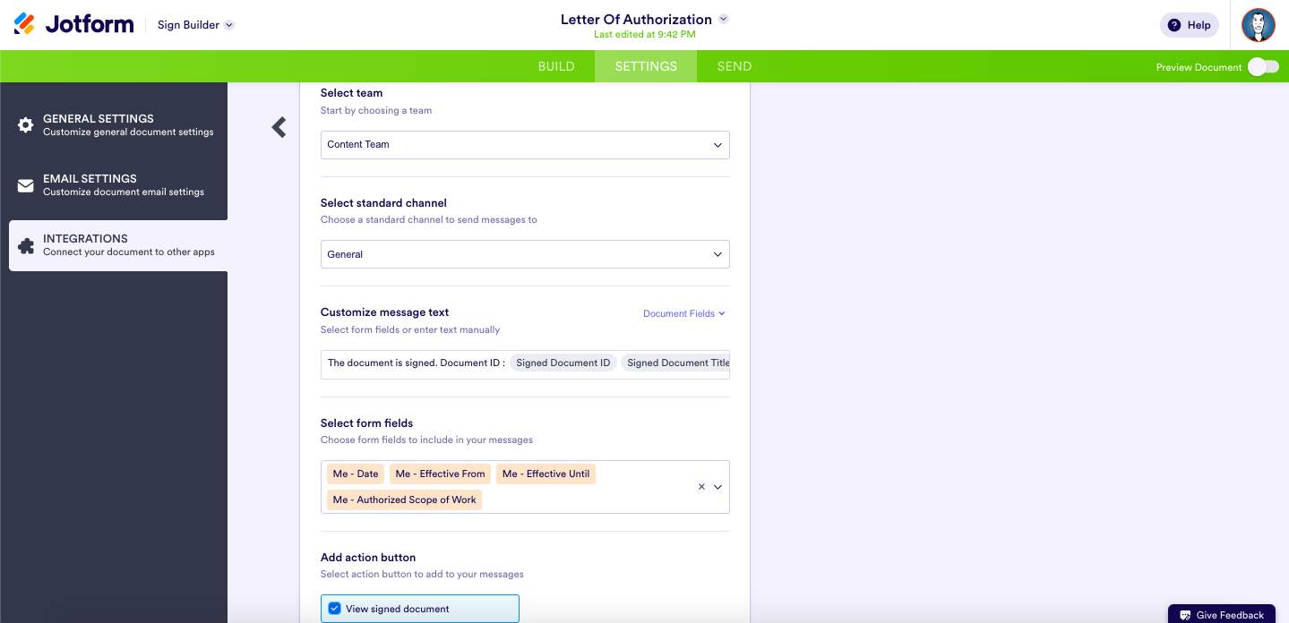 Viewing the Integration Settings in Jotform Sign Builder