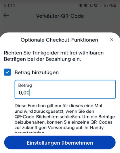 Fenster mit optionalen Checkout-Funktionen in PayPal Auswählen eines Betrags hinzufügen