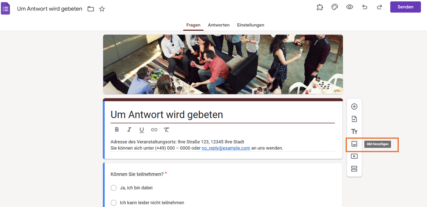 Um Antwort wird gebeten-Formular für eine Veranstaltung in Google Formulare Klicken Sie auf das Bild hinzufügen-Symbol