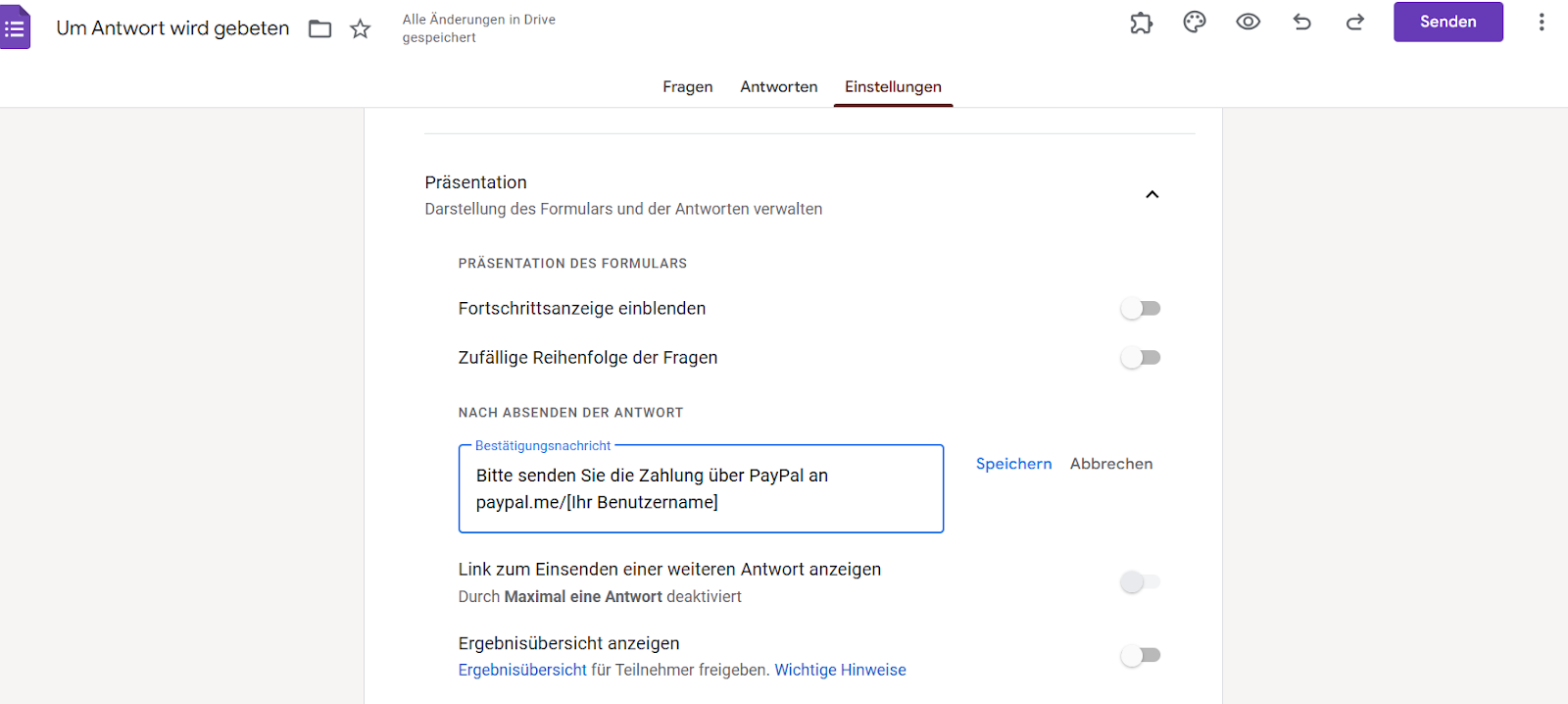 Registerkarte Einstellungen in Google Formulare Eingabe der Bestätigungsnachricht