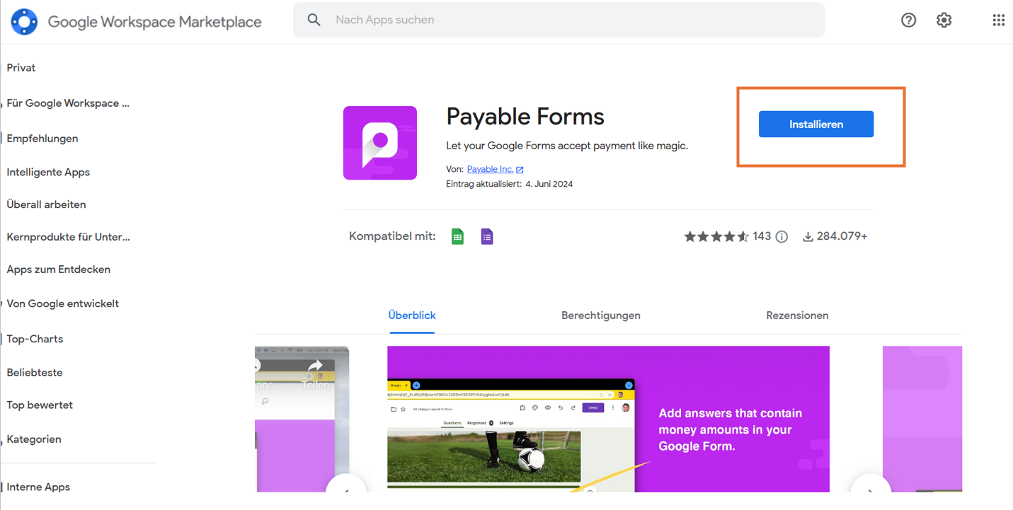Google Marketplace Seite der zahlungspflichtigen Formulare Klicken Sie auf Installieren