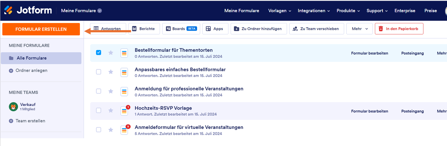 Meine Formulare Seite in Jotform Klicken Sie auf Formular erstellen