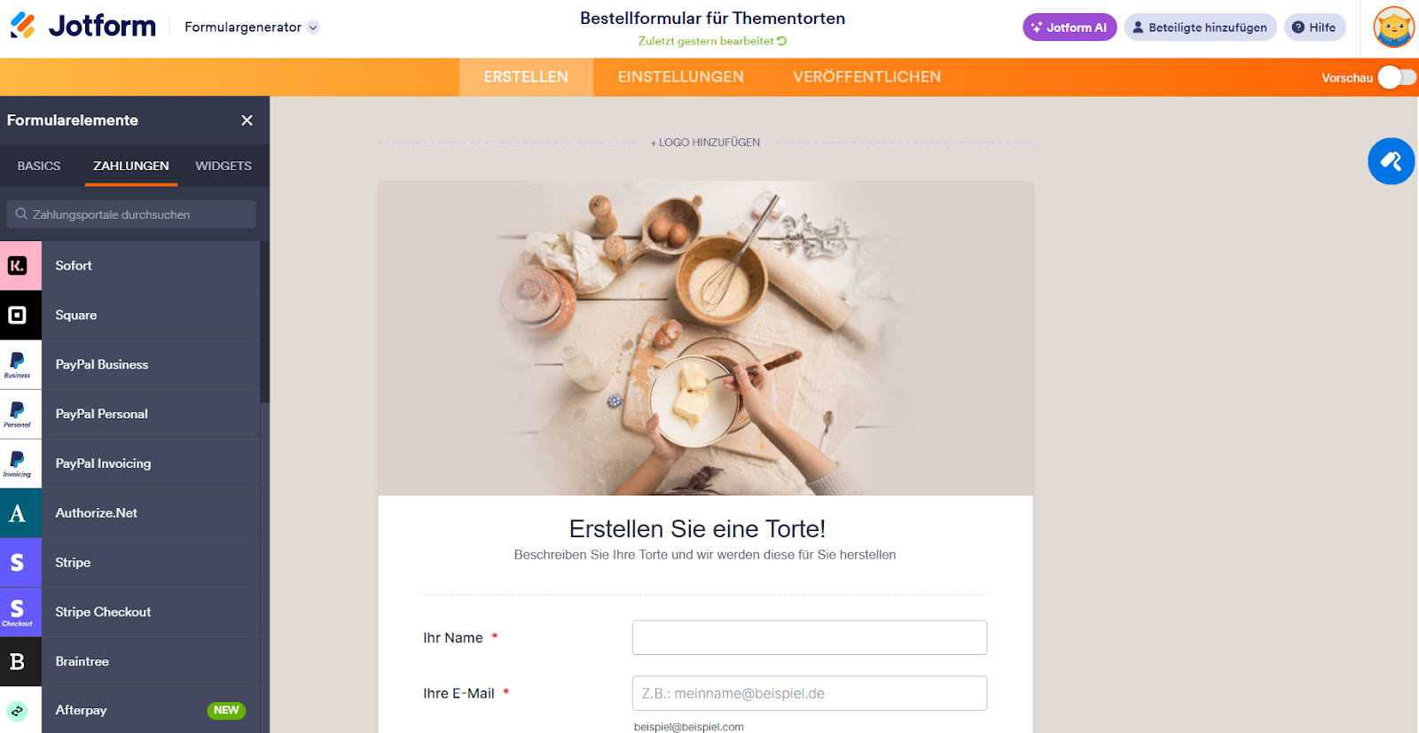 Jotform Formulargenerator Klicken Sie auf die Registerkarte Zahlungen