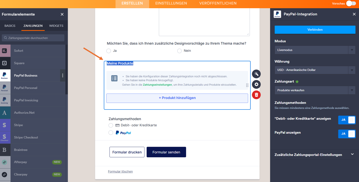 Jotform Formulargenerator Klicken Sie im Fenster der PayPal-Integration auf den Button Verbinden