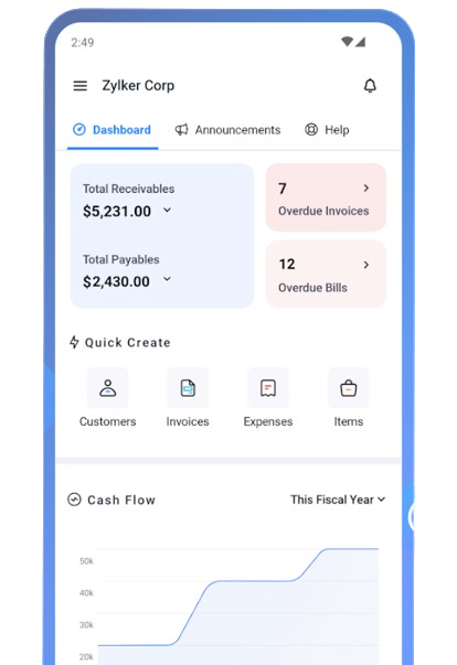 User Interface of Zoho Books on Mobile