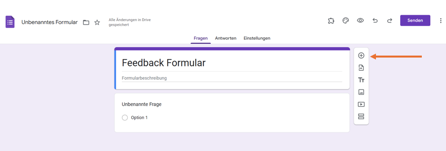 Screenshot des Formularerstellers von Google Formulare mit einem Pfeil, der auf das Plus-Symbol zeigt