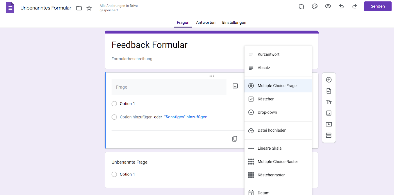 Screenshot des Dropdown-Menüs für den Fragetyp von Google Formulare