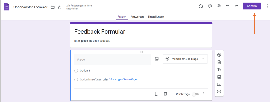 Screenshot des Formulargenerators von Google Formulare mit einem Pfeil, der auf den Button Senden zeigt