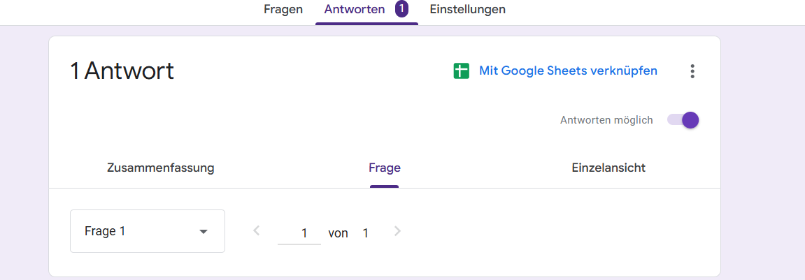 Screenshot der Seite Google Formulare Antworten