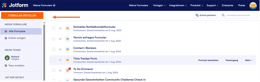 Screenshot der Benutzeroberfläche von Jotform mit einem Pfeil, der auf den Button Formular erstellen zeigt