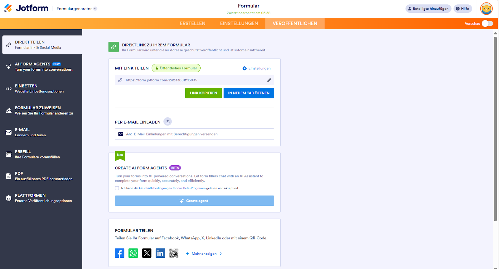 Screenshot der Optionen zum Teilen und Veröffentlichen von Formularen in Jotform