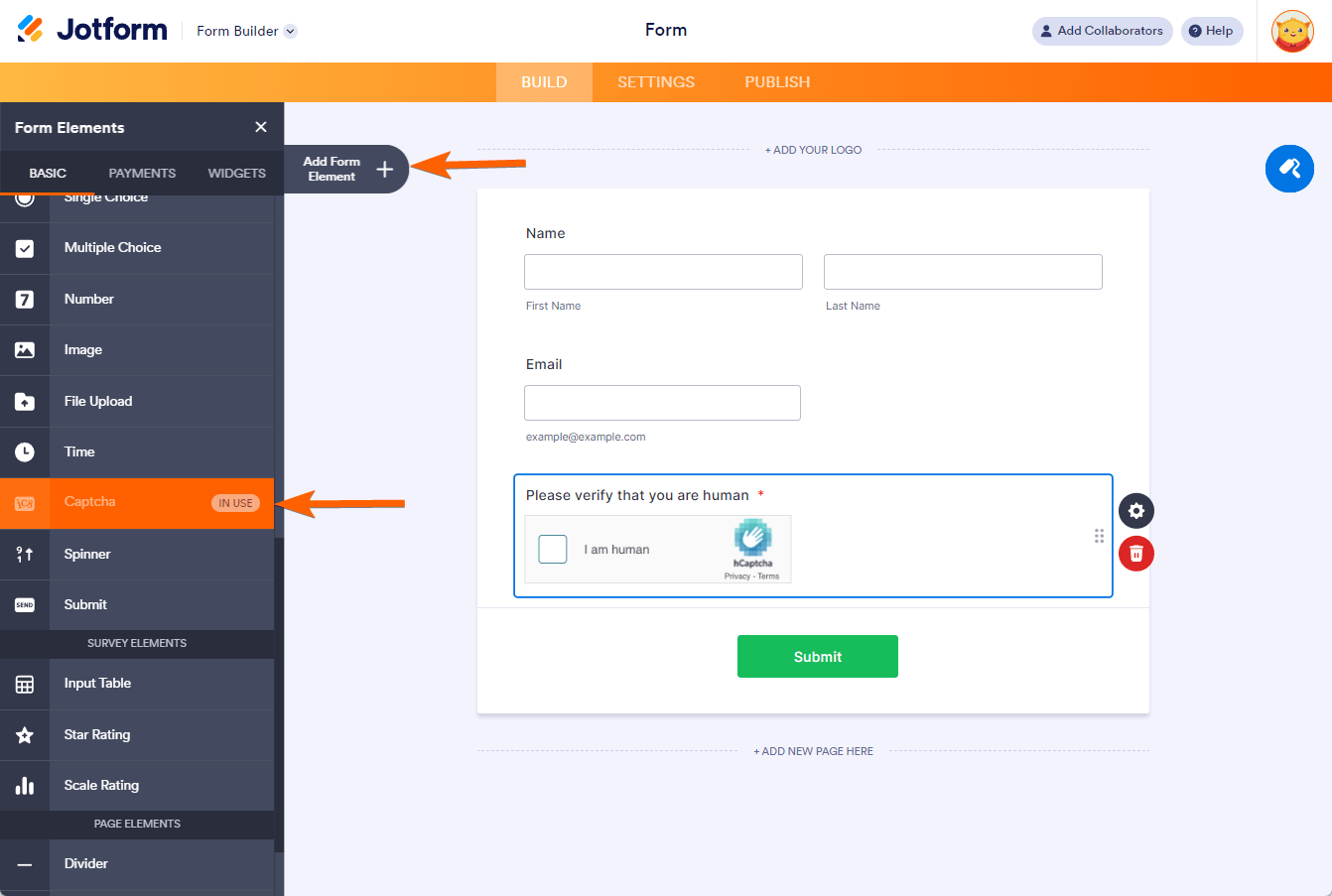 Captcha element in the Jotform Form Builder
