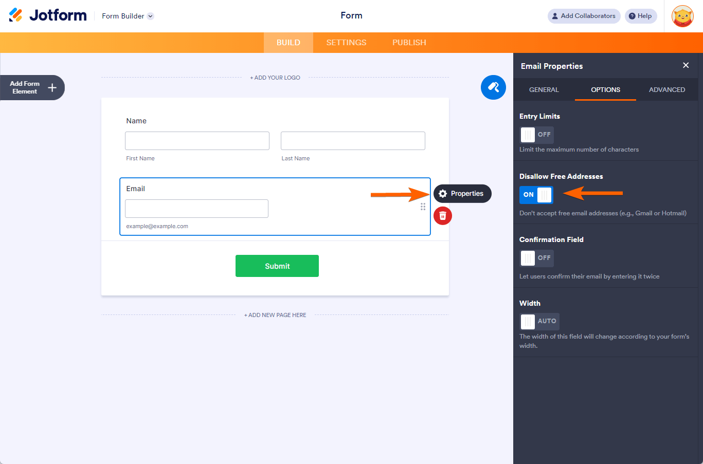 Disallow Free Addresses in the Options tab of the Email Properties in the Jotform Form Builder