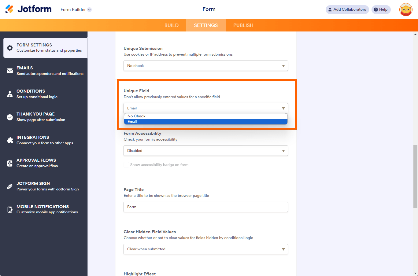 Unique Field feature in the Settings tab of the Jotform Form Builder