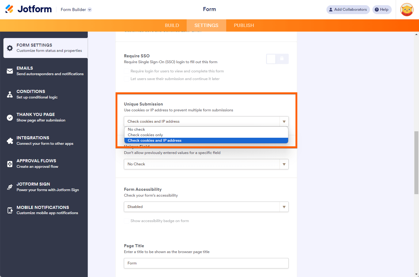 Unique Submission feature in the Settings tab of the Jotform Form Builder