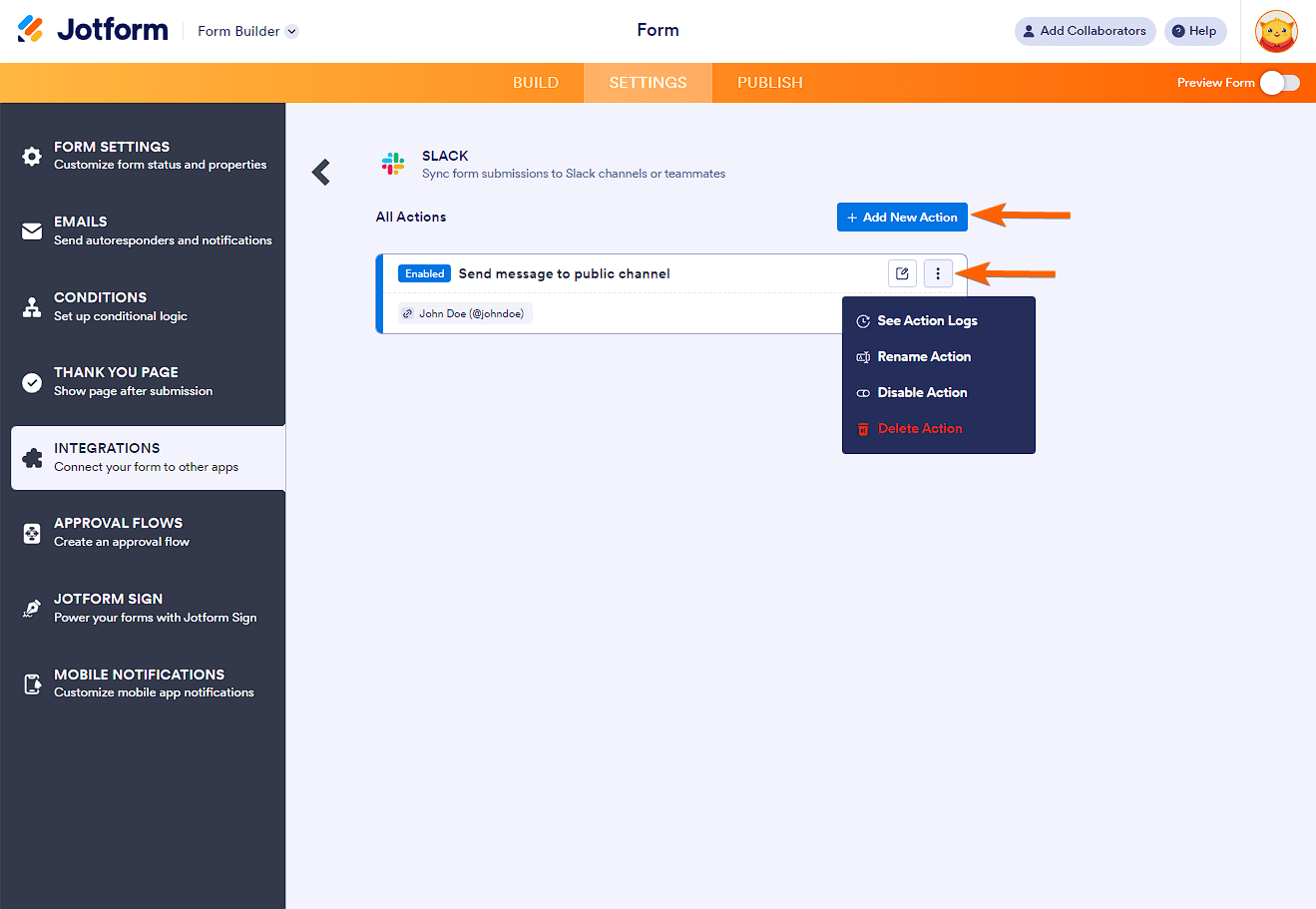 Agregar acción y opciones de acción en la integración de Slack con Jotform