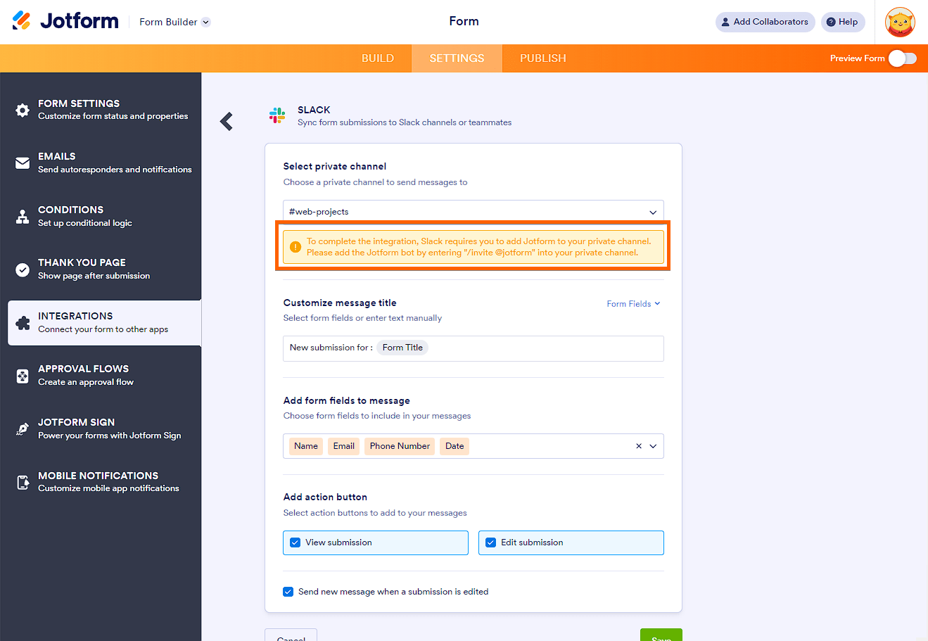 Opciones para enviar mensaje a un canal privado en la integración de Slack con Jotform