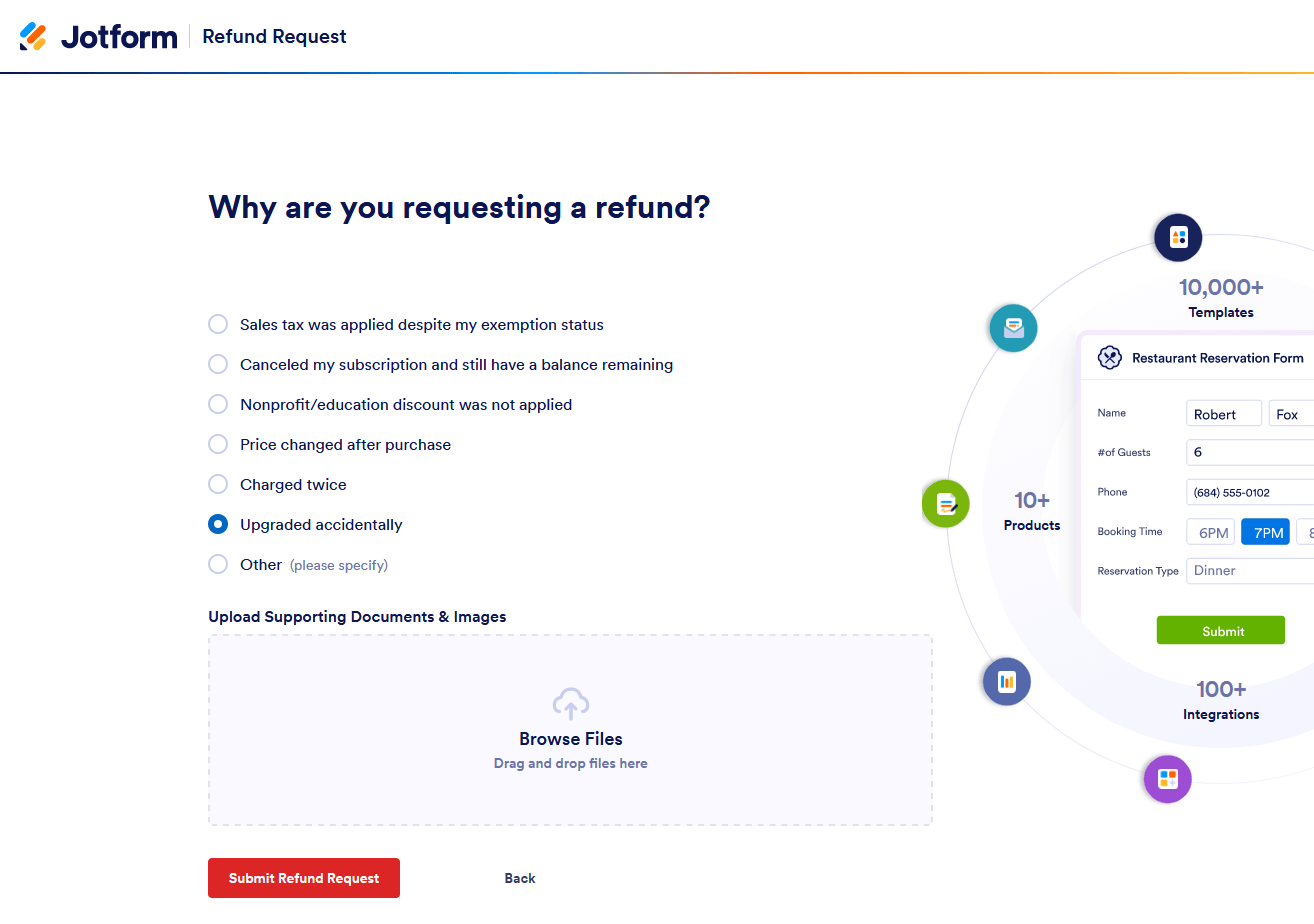 Partial Refund reasons in the Jotform's Refund Request page