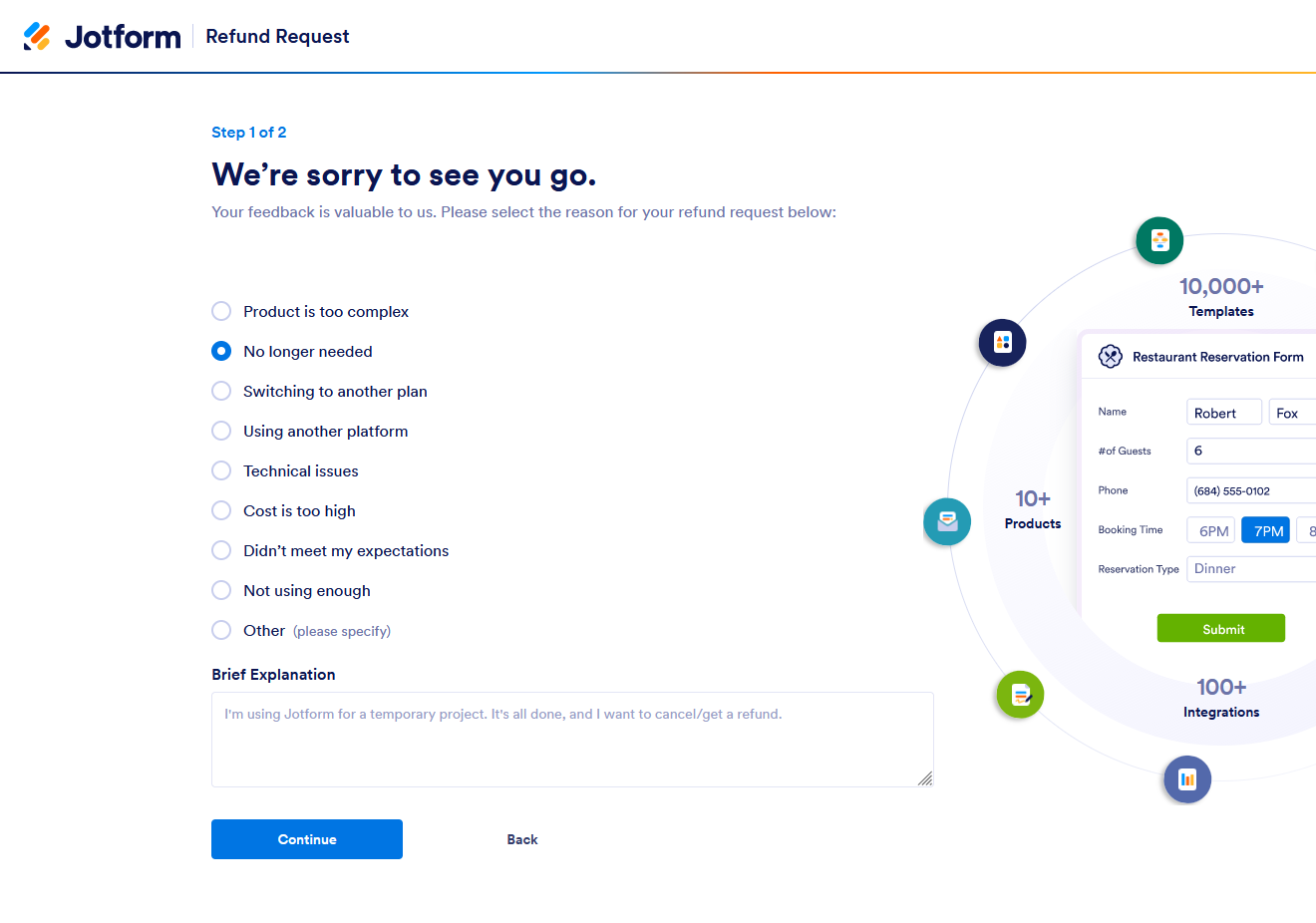 Full Refund reasons in the Jotform's Refund Request page