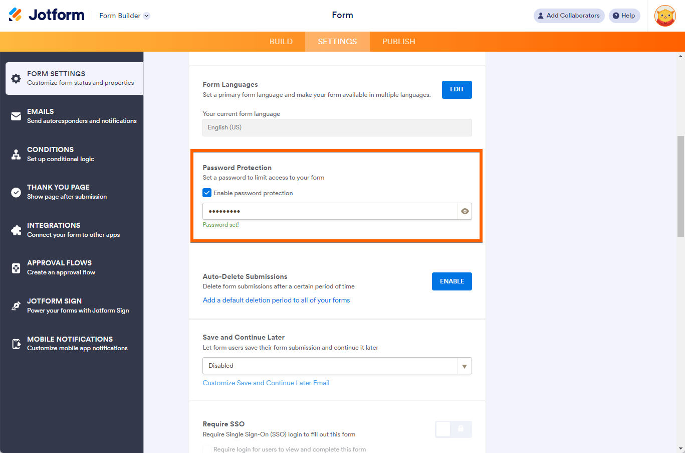 Password Protection option in the Settings tab of the Jotform Form Builder