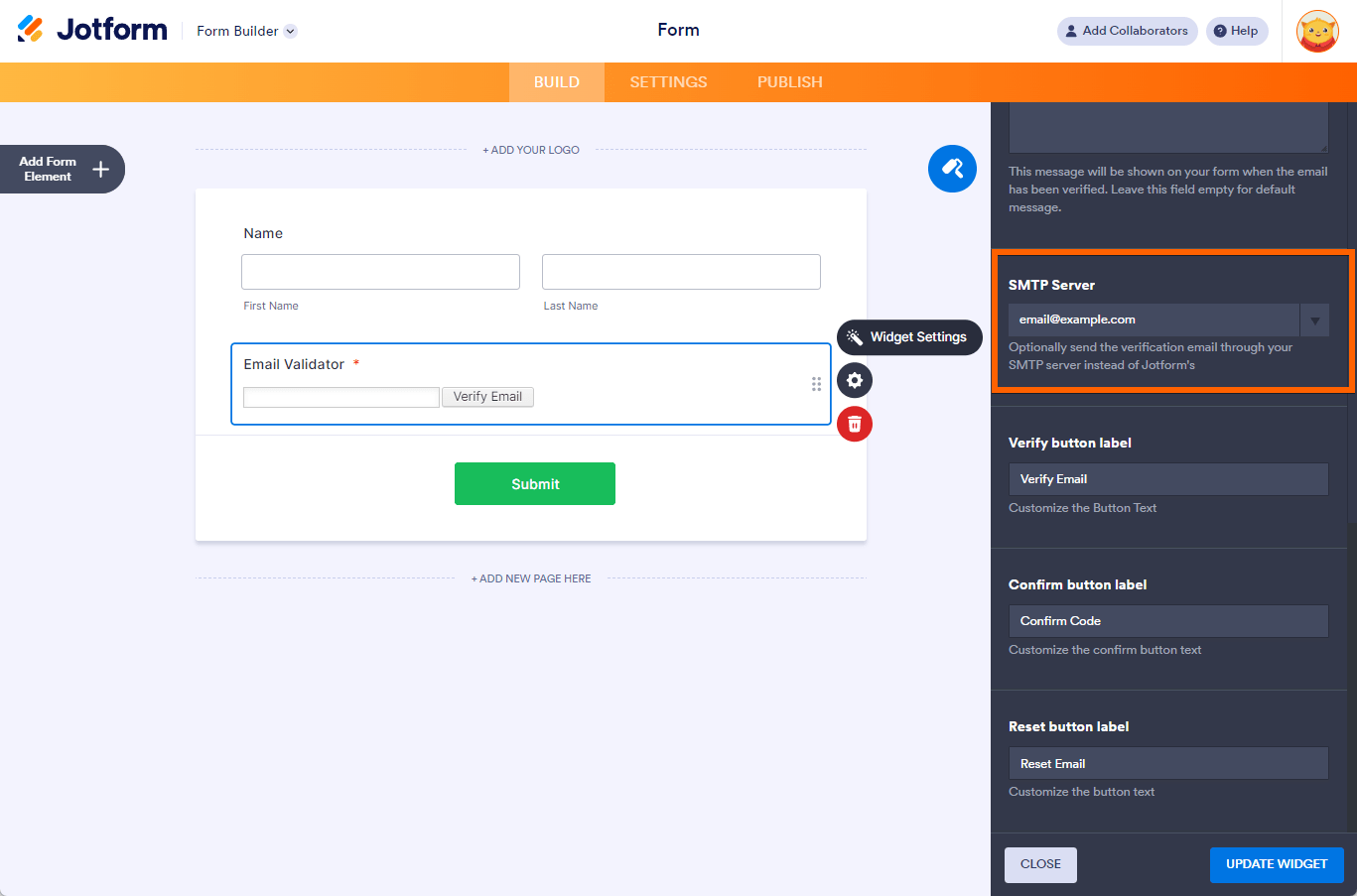 SMTP Server option in the Email Validator widget settings