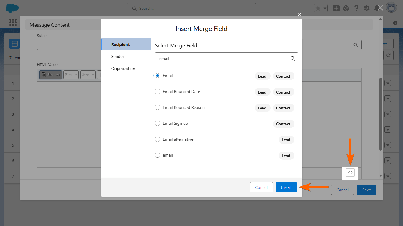 An Insert button in Salesforce's Insert Merge Field dialog