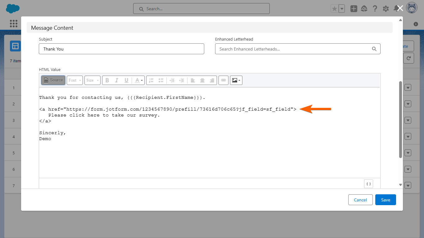A custom prefill link in a Salesforce email template