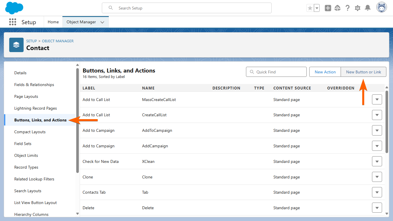 A New Button or Link option in Salesforce Object Manager