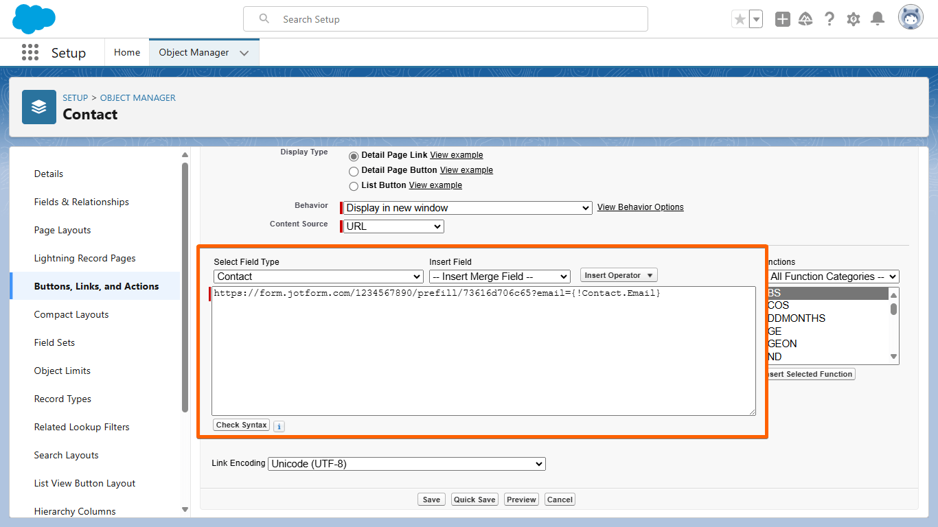 A dynamic prefill link in a Salesforce Contact object