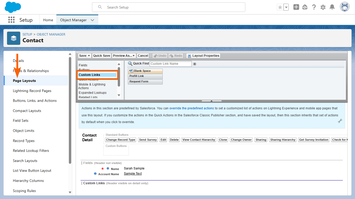 The Custom Links tab in Salesforce Page Layouts