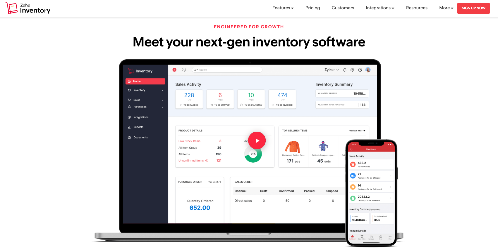 landing page of zoho inventory